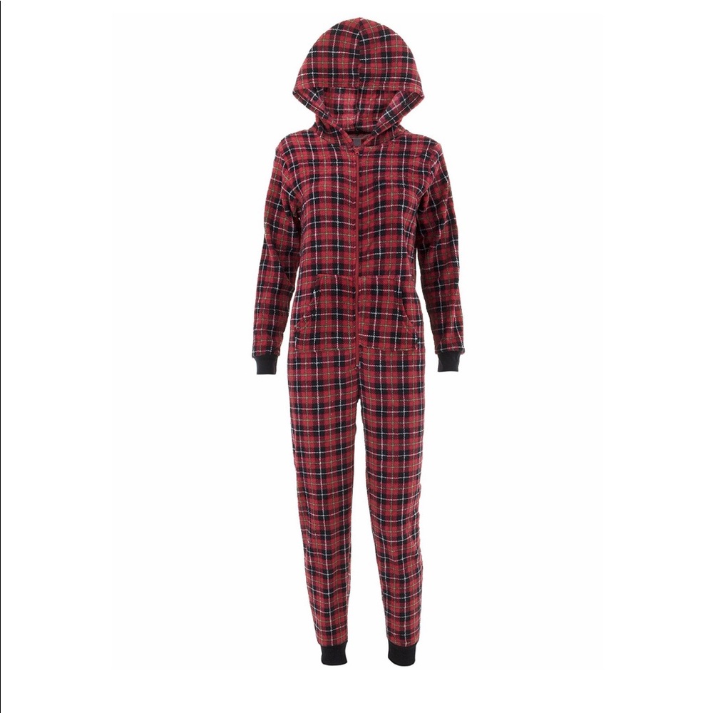 Red Plaid hooded zip pajamas